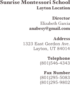Sunrise Montessori School
Layton Location

Director
Elizabeth Garcia
anabesy@gmail.com

Address
1323 East Gordon Ave.
Layton, UT 84014

Telephone
(801)546-4343

Fax Number
(801)295-5083
(801)295-9802
